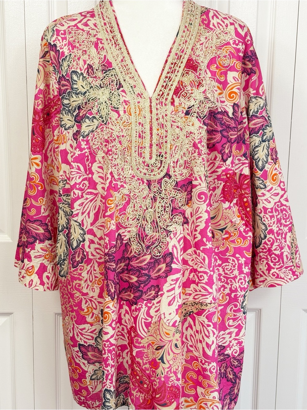 Charter Club Pink & Cream Paisley Metallic Embroidered 3/4 Sleeve Tunic 2X